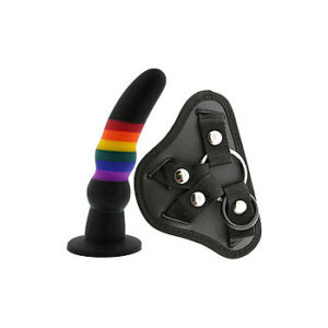 Colourful Love - Strap-on dildo ja valjaat, pride-värit, joustava, silikoni, musta, värikäs