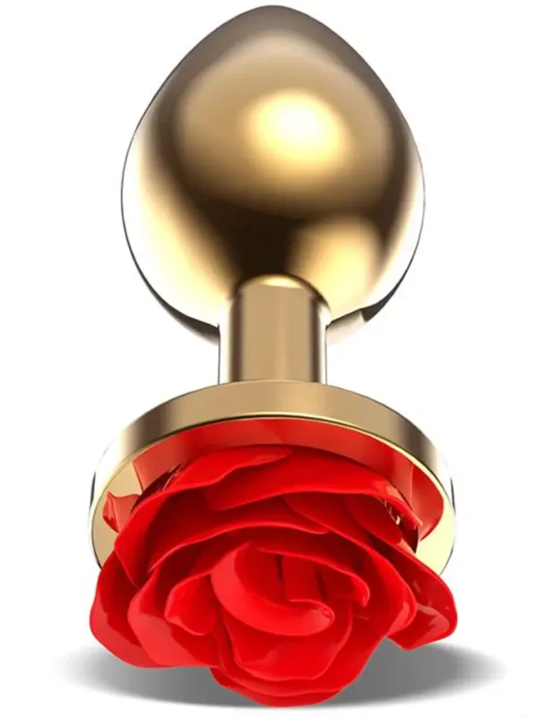 Golden Metal Anal Plug With Red Rose Medium Anaalitappi metallia