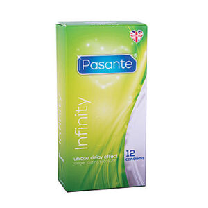 Pasante Infinity - Kondomi, 12 kpl, puudutusaineella, viivästyttävä, delay-kondomi, lateksi, vegaaninen