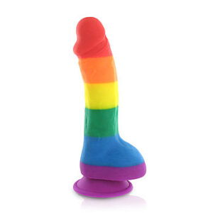 Pride dildo kiveksillä, värikäs, sateenkaari, käsintehty, aidon näköinen, imukupilla