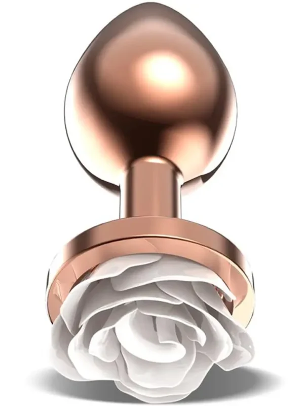 Rosegold Metal Anal Plug With White Rose Medium Anaalitappi metallia