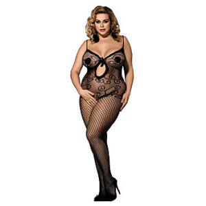 OhYeah - Catsuit, Plus Size, rehevämmille, verkkoasu, kukkakuviointi, eroottisiin hetkiin, joustava, venyvä